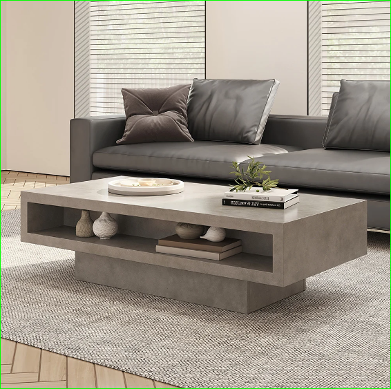 Japandi rechthoekige betonnen grijze salontafel met 2 laden en open opbergruimte